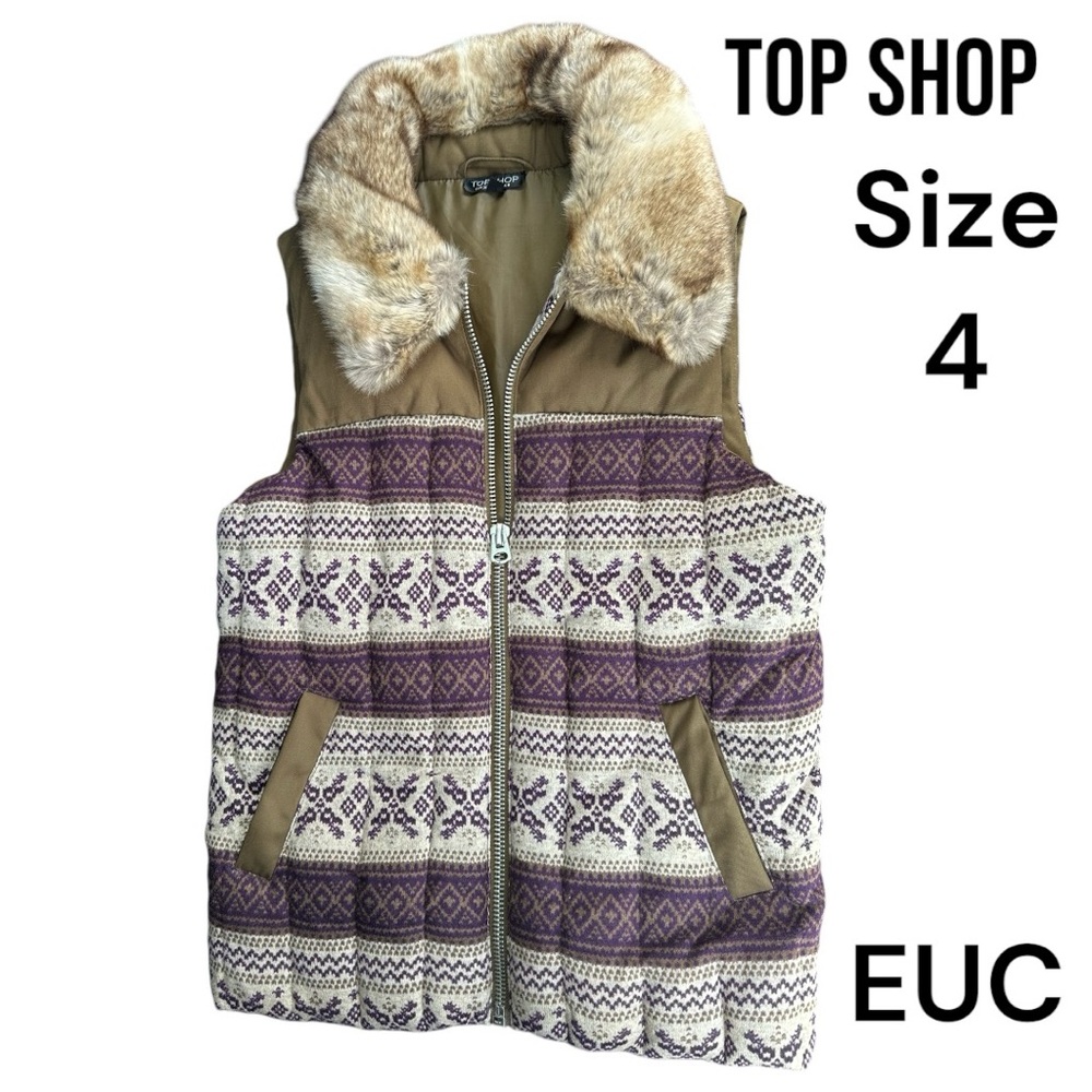 Topshop quilted faux fur collar zip up winter fall vest size 4